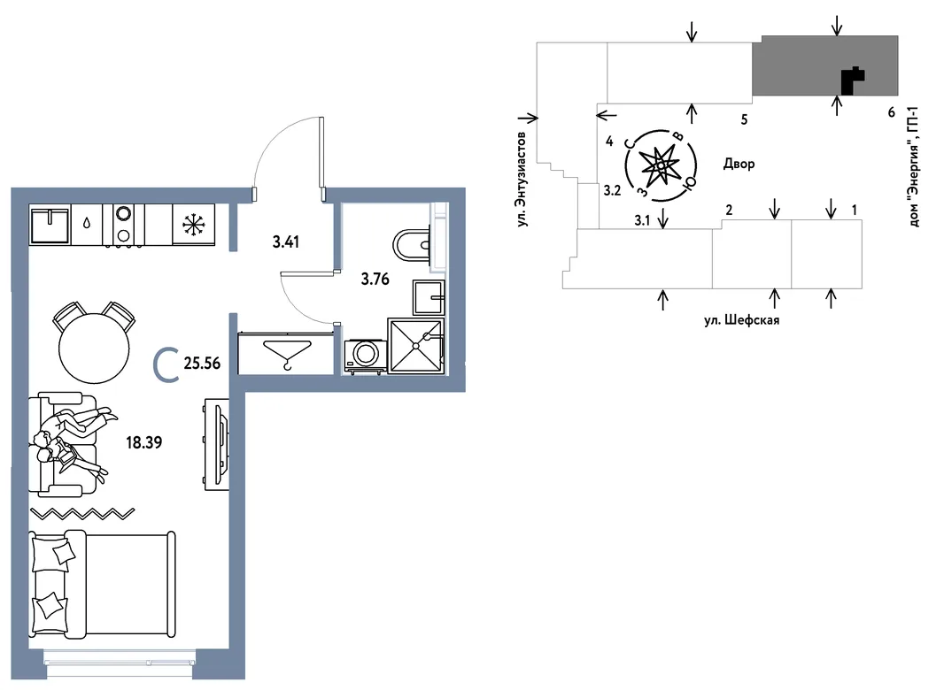Планировка Студия, 25.56 м² ЖК «Страна.Энтузиастов»