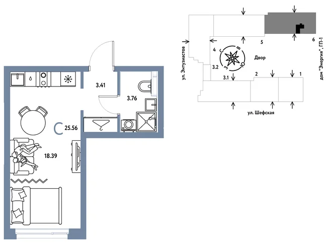 Планировка Студия, 25.56 м² ЖК «Страна.Энтузиастов»