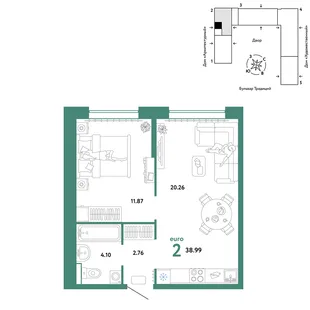 Планировка 2-комн. квартира, 38.99 м² ЖК «Микрорайон Домашний»