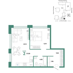 Планировка 2-комн. квартира, 51 м² ЖК «Сердце Сибири»