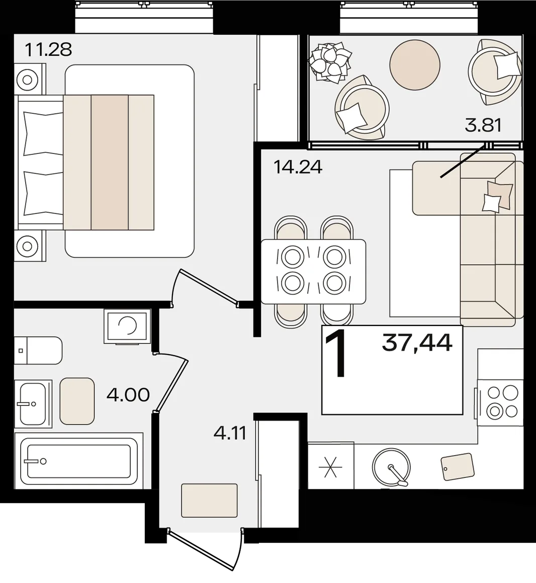 Планировка 1-комн. квартира, 37.44 м² ЖК «Патрики»