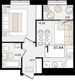 Планировка 1-комн. квартира, 37.44 м² ЖК «Патрики»