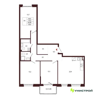 Планировка 3-комн. квартира, 92.89 м² ЖК «Лисино»