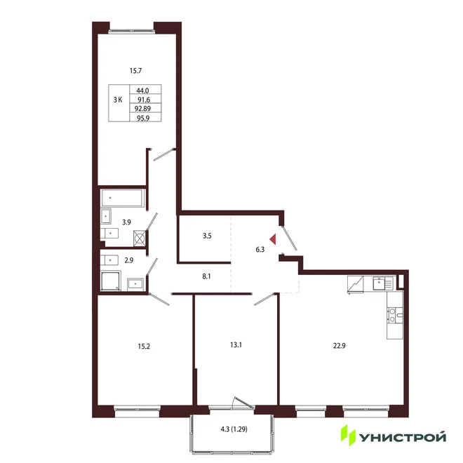 Планировка 3-комн. квартира, 92.89 м² ЖК «Лисино» Планировка 3-комн. квартира, 92.89 м² ЖК «Лисино»