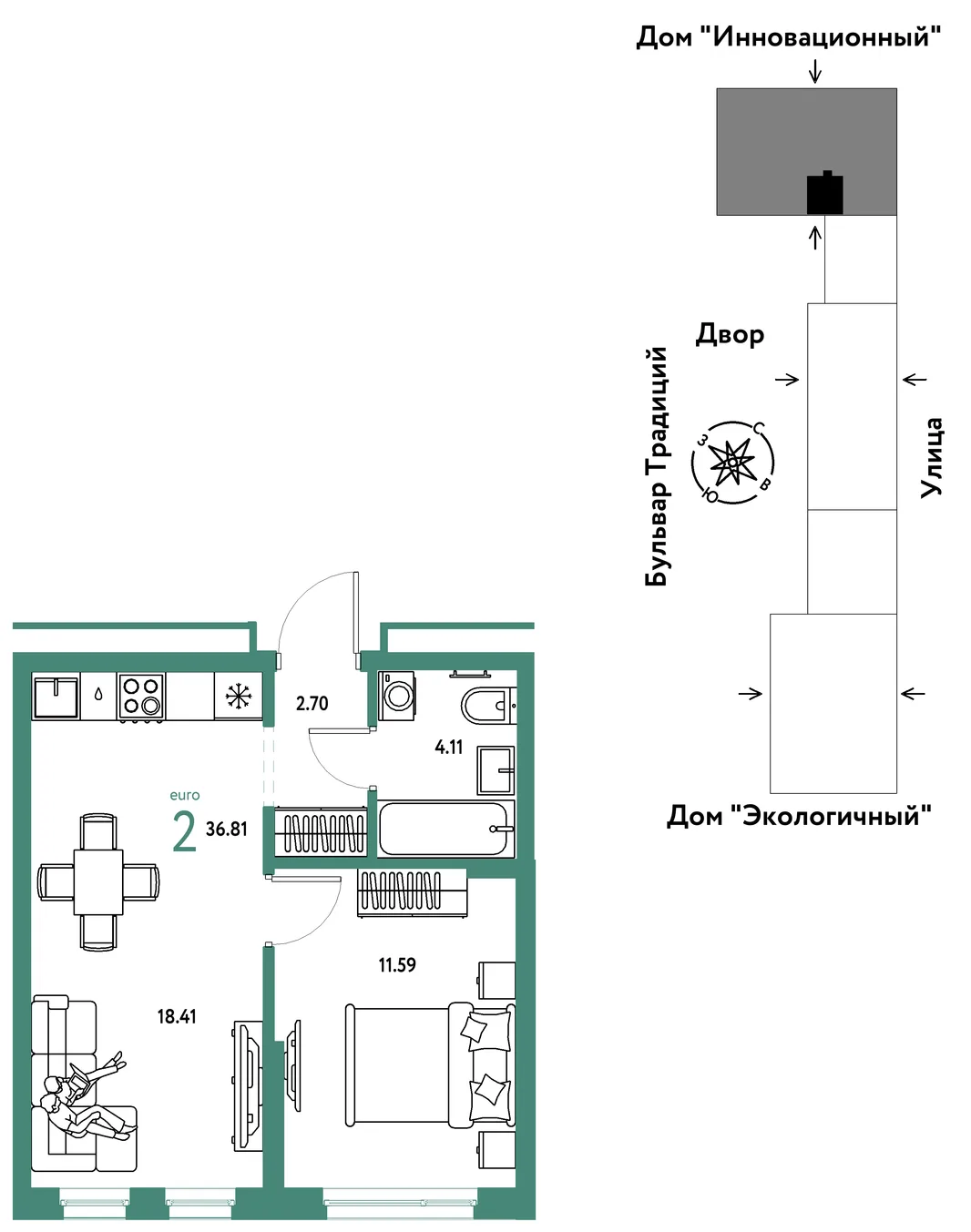 Планировка 2-комн. квартира, 36.81 м² ЖК «Микрорайон Домашний»