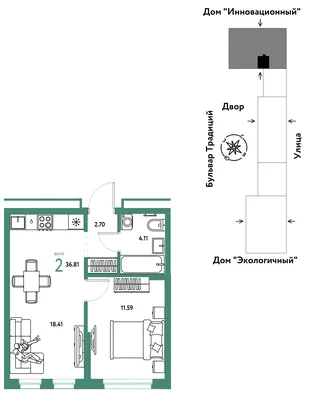 Планировка 2-комн. квартира, 36.81 м² ЖК «Микрорайон Домашний»