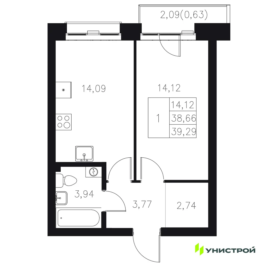 Планировка 1-комн. квартира, 39.29 м² ЖК «Statum»