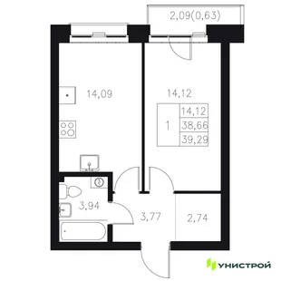 Планировка 1-комн. квартира, 39.29 м² ЖК «Statum»
