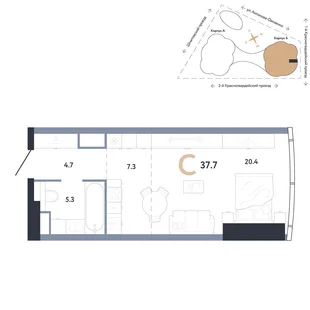 Планировка Студия, 37.7 м² ЖК «АУРУС Резиденции»