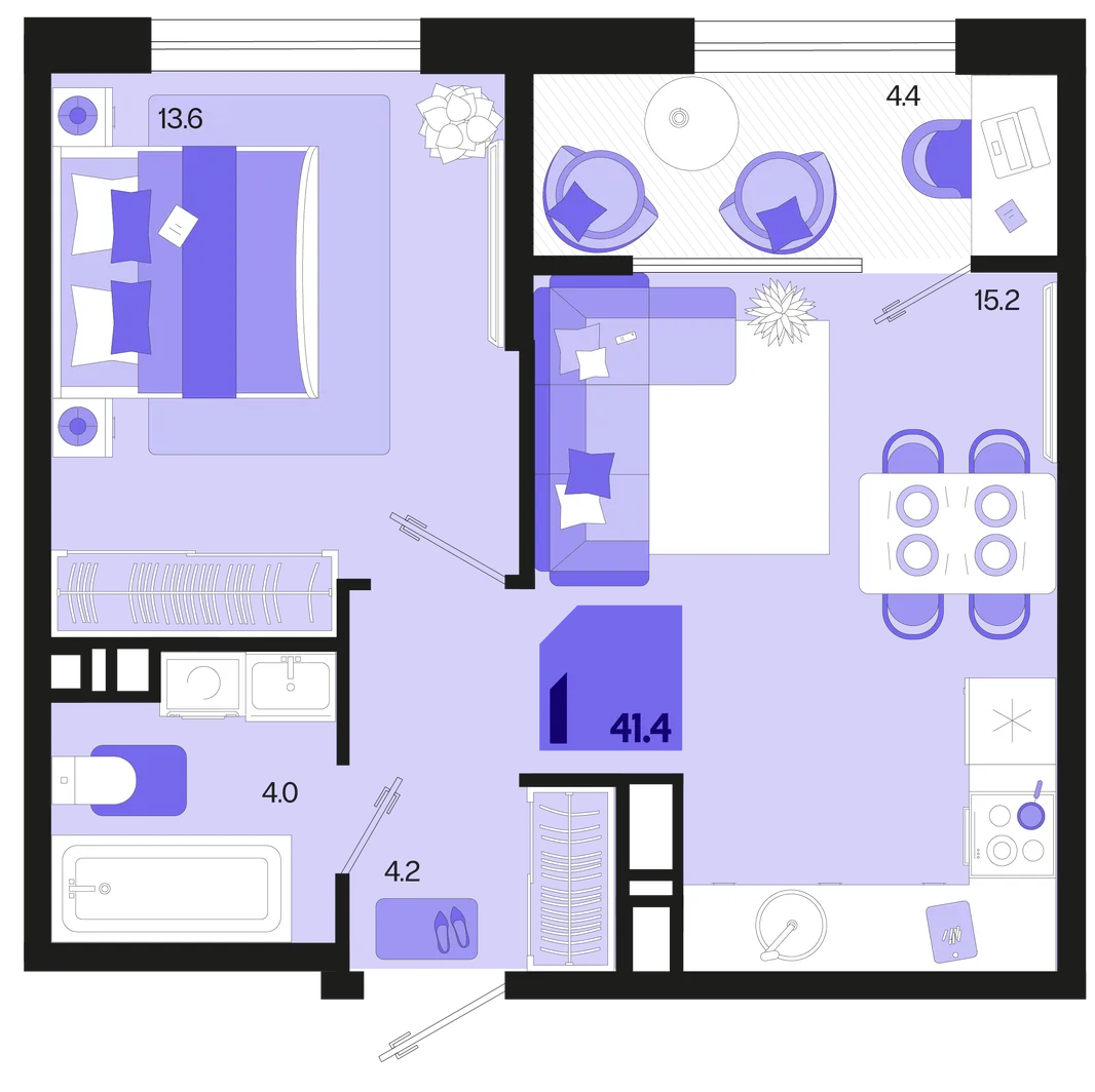 Планировка 1-комн. квартира, 41.4 м² ЖК «Первое место»
