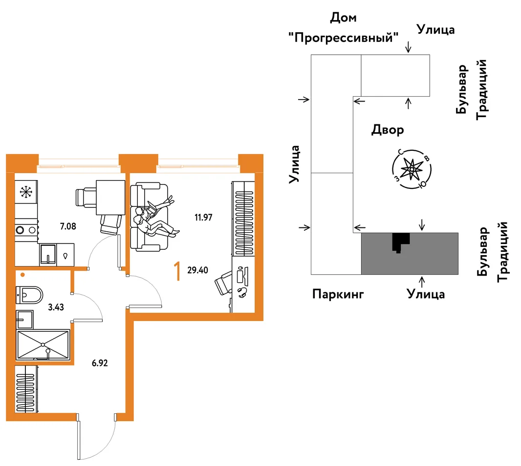 Планировка 1-комн. квартира, 29.4 м² ЖК «Микрорайон Домашний»