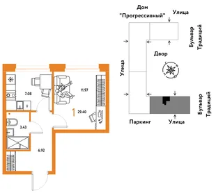 Планировка 1-комн. квартира, 29.4 м² ЖК «Микрорайон Домашний»