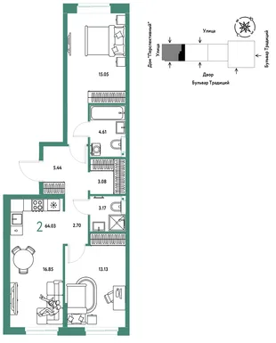Планировка 2-комн. квартира, 64.03 м² ЖК «Микрорайон Домашний»