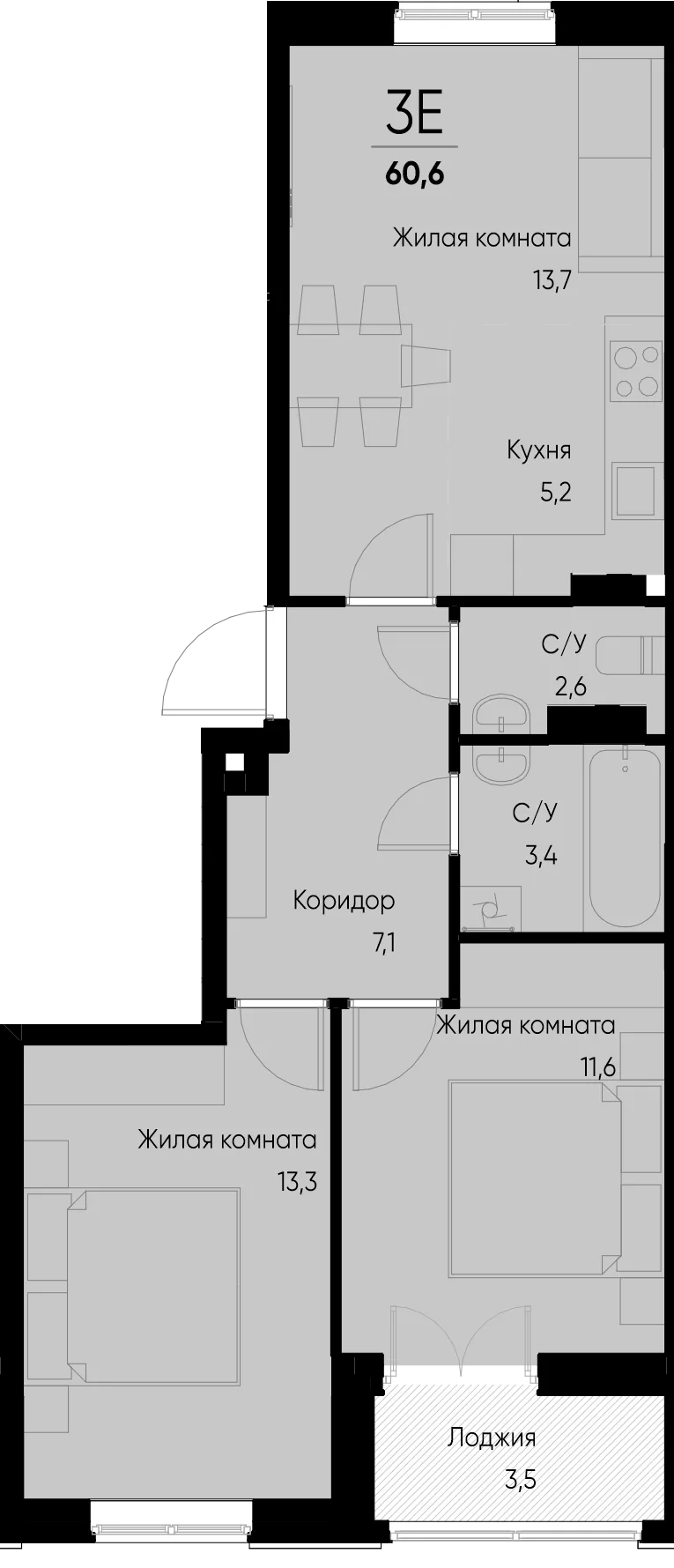 Планировка 3-комн. квартира, 60.6 м² ЖК «Васильевский остров»
