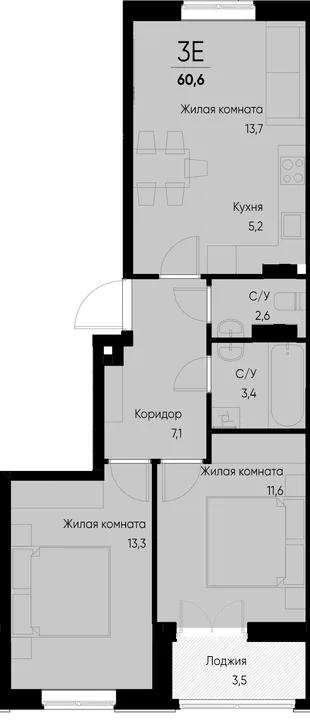 Планировка 3-комн. квартира, 60.6 м² ЖК «Васильевский остров»