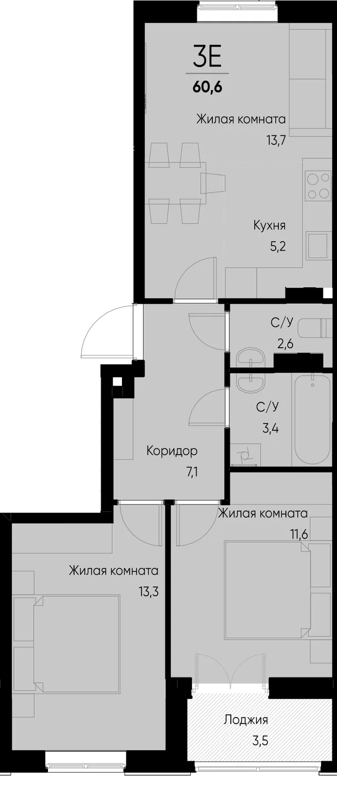 Планировка 3-комн. квартира, 60.6 м² ЖК «Васильевский остров» Планировка 3-комн. квартира, 60.6 м² ЖК «Васильевский остров»