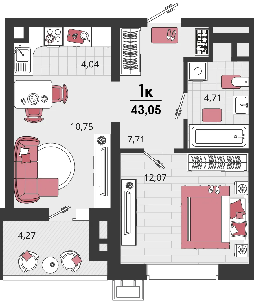 Планировка 2-комн. квартира, 43.05 м² ЖК «Родные просторы»