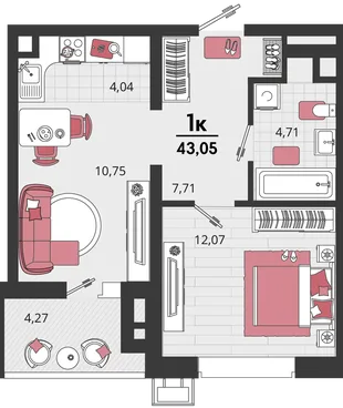 Планировка 2-комн. квартира, 43.05 м² ЖК «Родные просторы»
