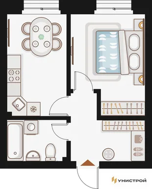Планировка 1-комн. квартира, 36.24 м² ЖК «Жилой кластер Q на Кулагина»