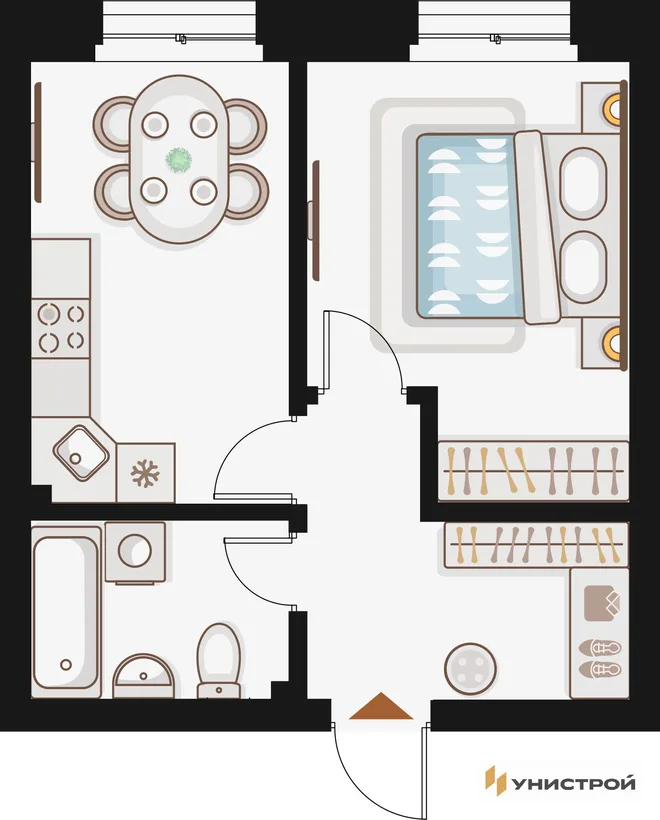 Планировка 1-комн. квартира, 36.24 м² ЖК «Жилой кластер Q на Кулагина»