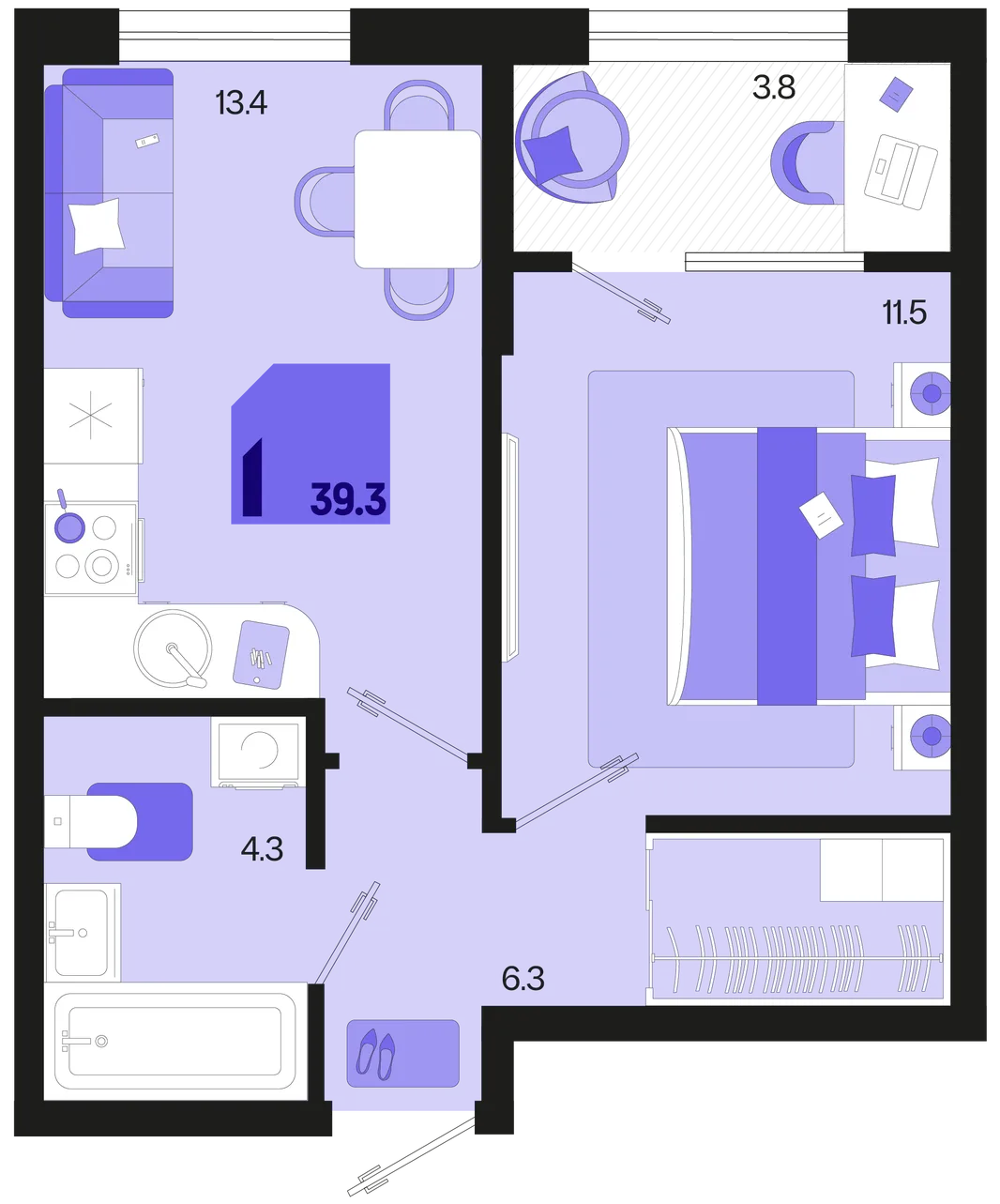 Планировка 1-комн. квартира, 39.3 м² ЖК «Первое место»