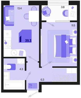 Планировка 1-комн. квартира, 39.3 м² ЖК «Первое место»
