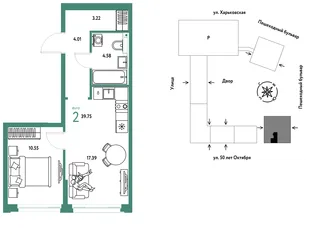 Планировка 2-комн. квартира, 39.75 м² ЖК «Сердце Сибири»