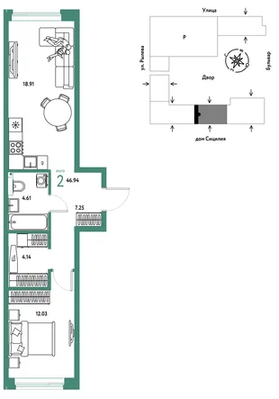 Планировка 2-комн. квартира, 46.94 м² ЖК «Остров-сад»