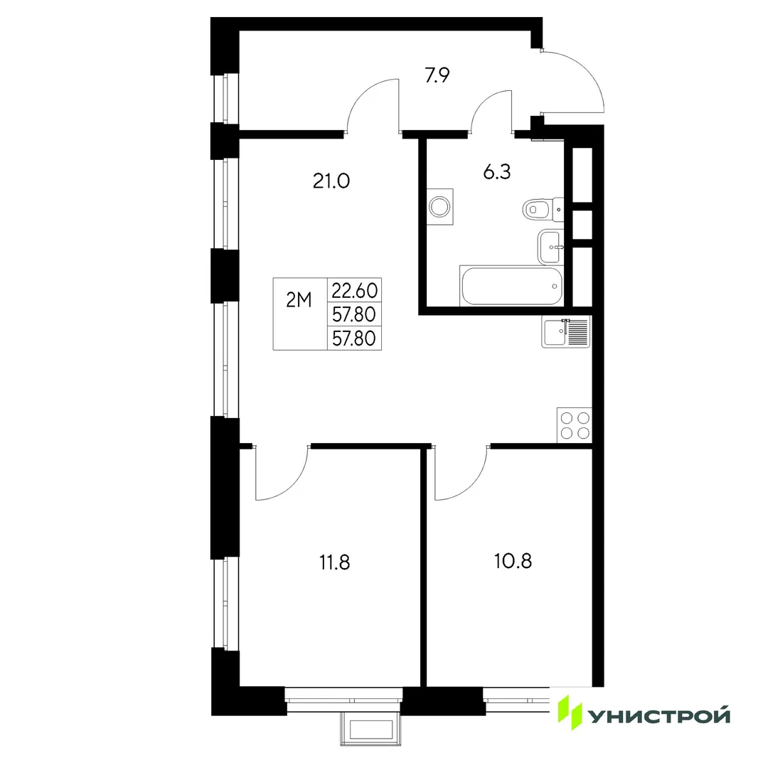 Планировка 2-комн. квартира, 57.8 м² ЖК «Стадиум»