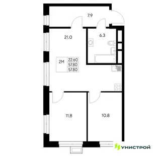 Планировка 2-комн. квартира, 57.8 м² ЖК «Стадиум»