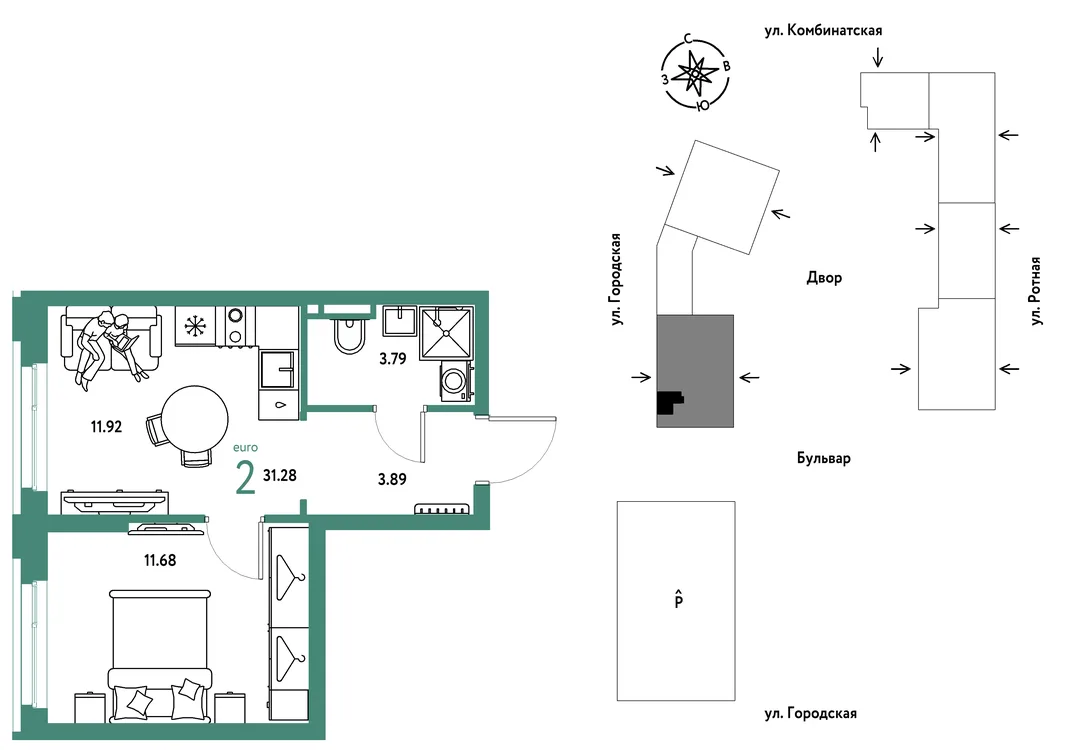 Планировка 2-комн. квартира, 31.28 м² ЖК «Уральский сад»