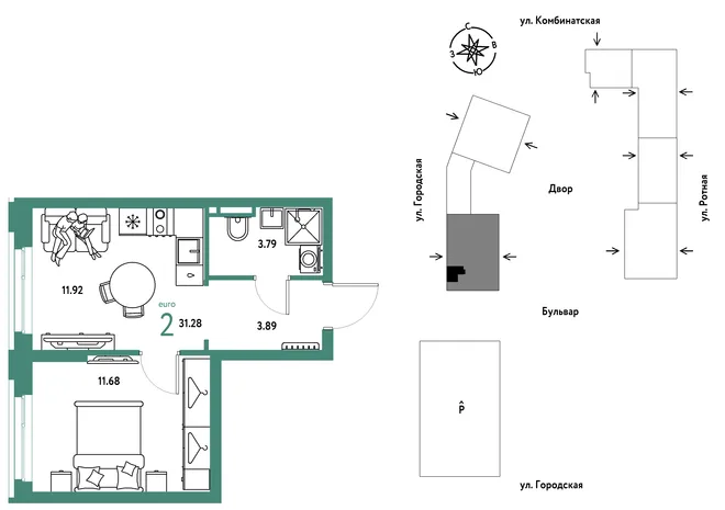 Планировка 2-комн. квартира, 31.28 м² ЖК «Уральский сад»