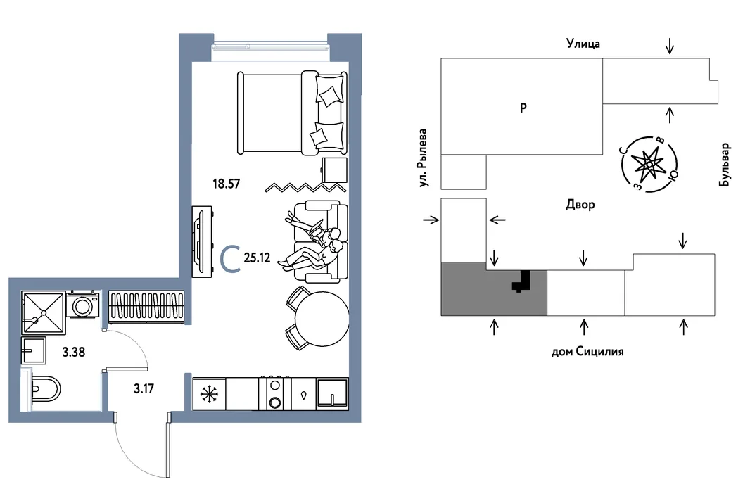 Планировка Студия, 25.12 м² ЖК «Остров-сад»