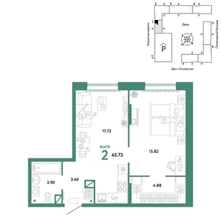 Планировка 2-комн. квартира, 45.73 м² ЖК «Юнион»