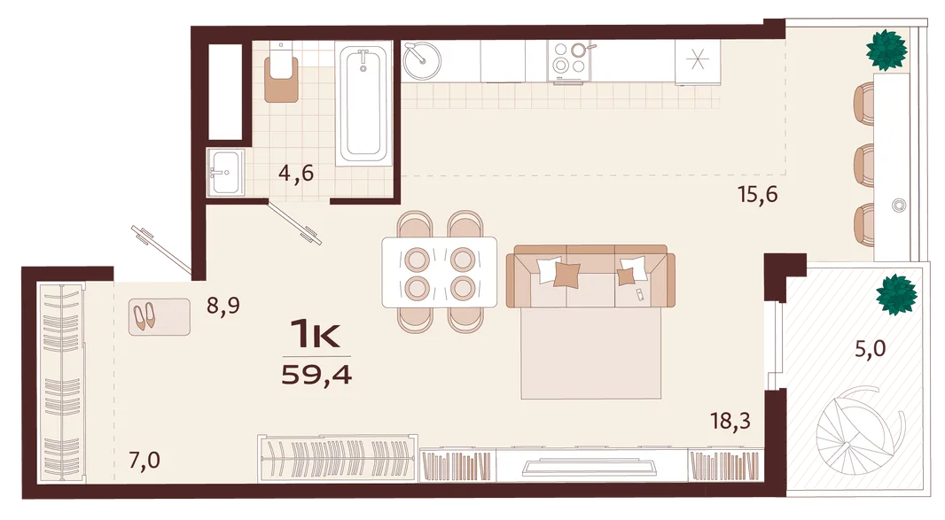 Планировка 1-комн. квартира, 59.4 м² ЖК «Роялта»