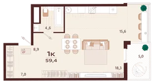 Планировка 1-комн. квартира, 59.4 м² ЖК «Роялта»