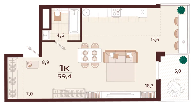 Планировка 1-комн. квартира, 59.4 м² ЖК «Роялта» Планировка 1-комн. квартира, 59.4 м² ЖК «Роялта»