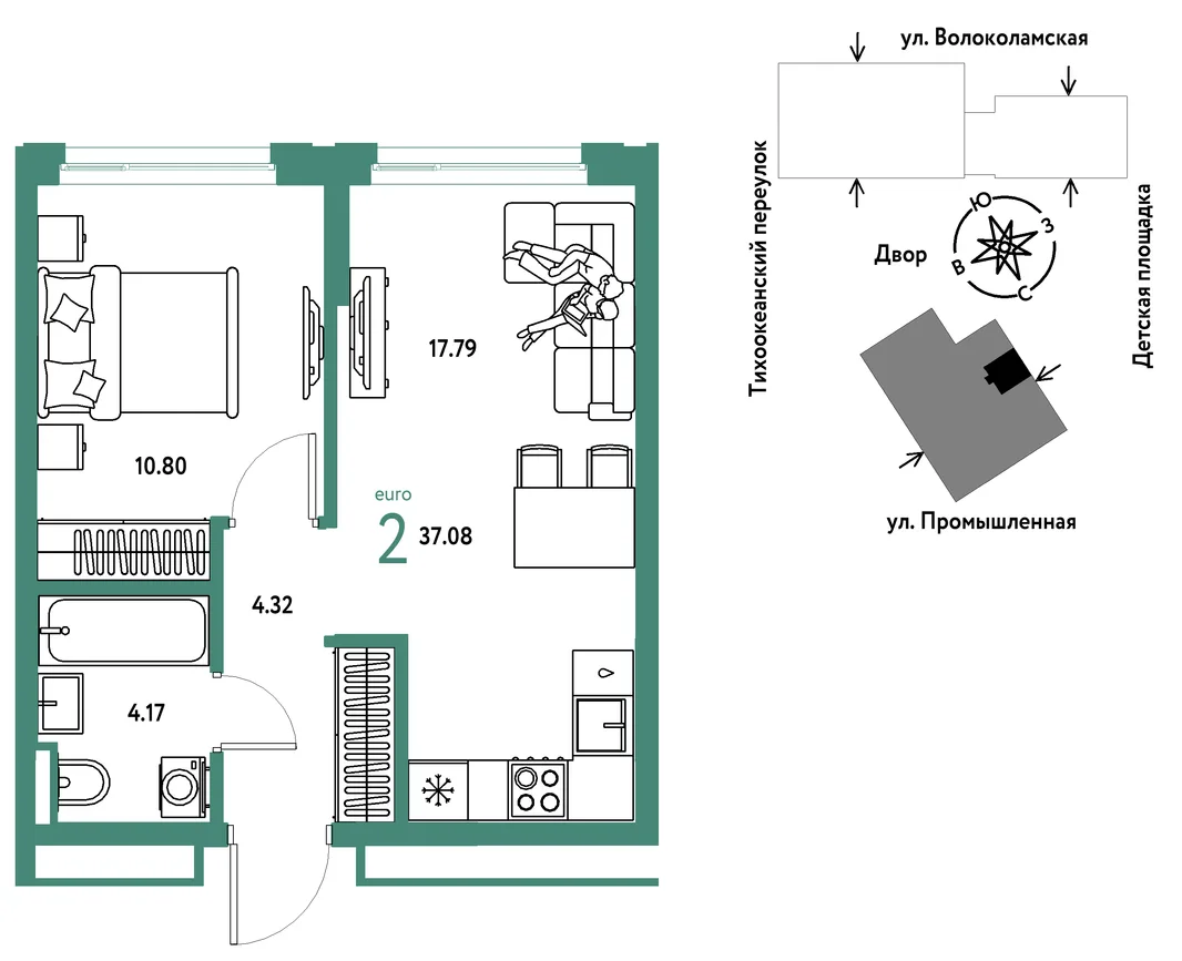 Планировка 2-комн. квартира, 37.08 м² ЖК «Страна Прибрежная»