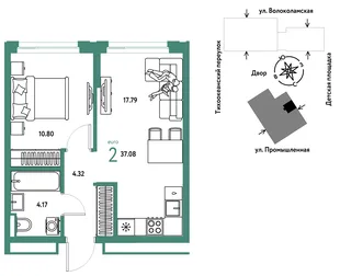 Планировка 2-комн. квартира, 37.08 м² ЖК «Страна Прибрежная»