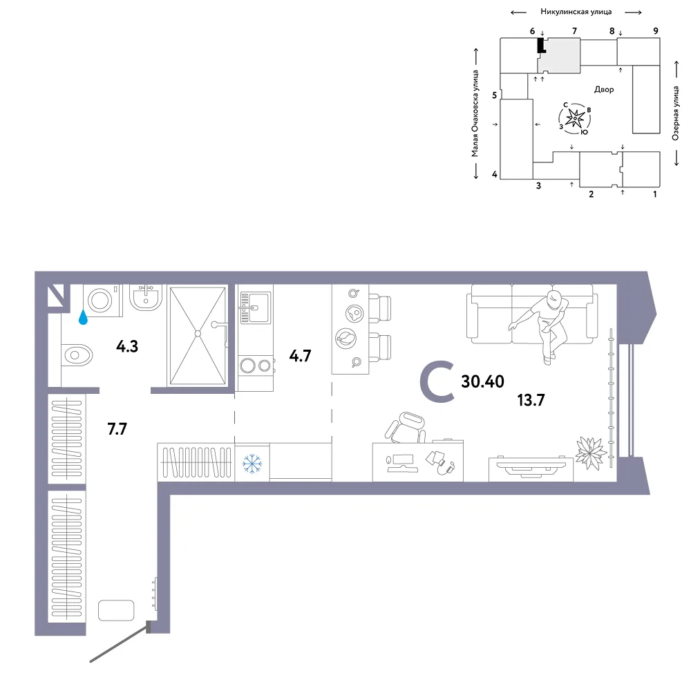 Планировка Студия, 30.4 м² ЖК «Страна.Озёрная»