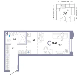 Планировка Студия, 30.4 м² ЖК «Страна.Озёрная»