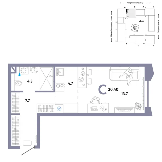 Планировка Студия, 30.4 м² ЖК «Страна.Озёрная» Планировка Студия, 30.4 м² ЖК «Страна.Озёрная»