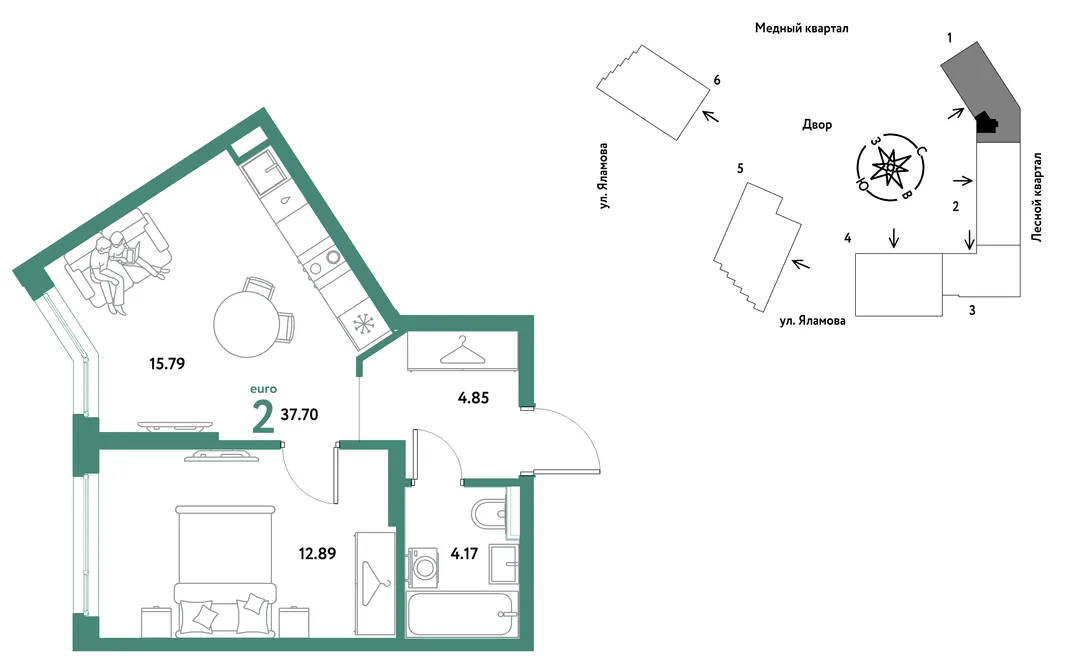Планировка 2-комн. квартира, 37.7 м² ЖК «Сибирский сад»