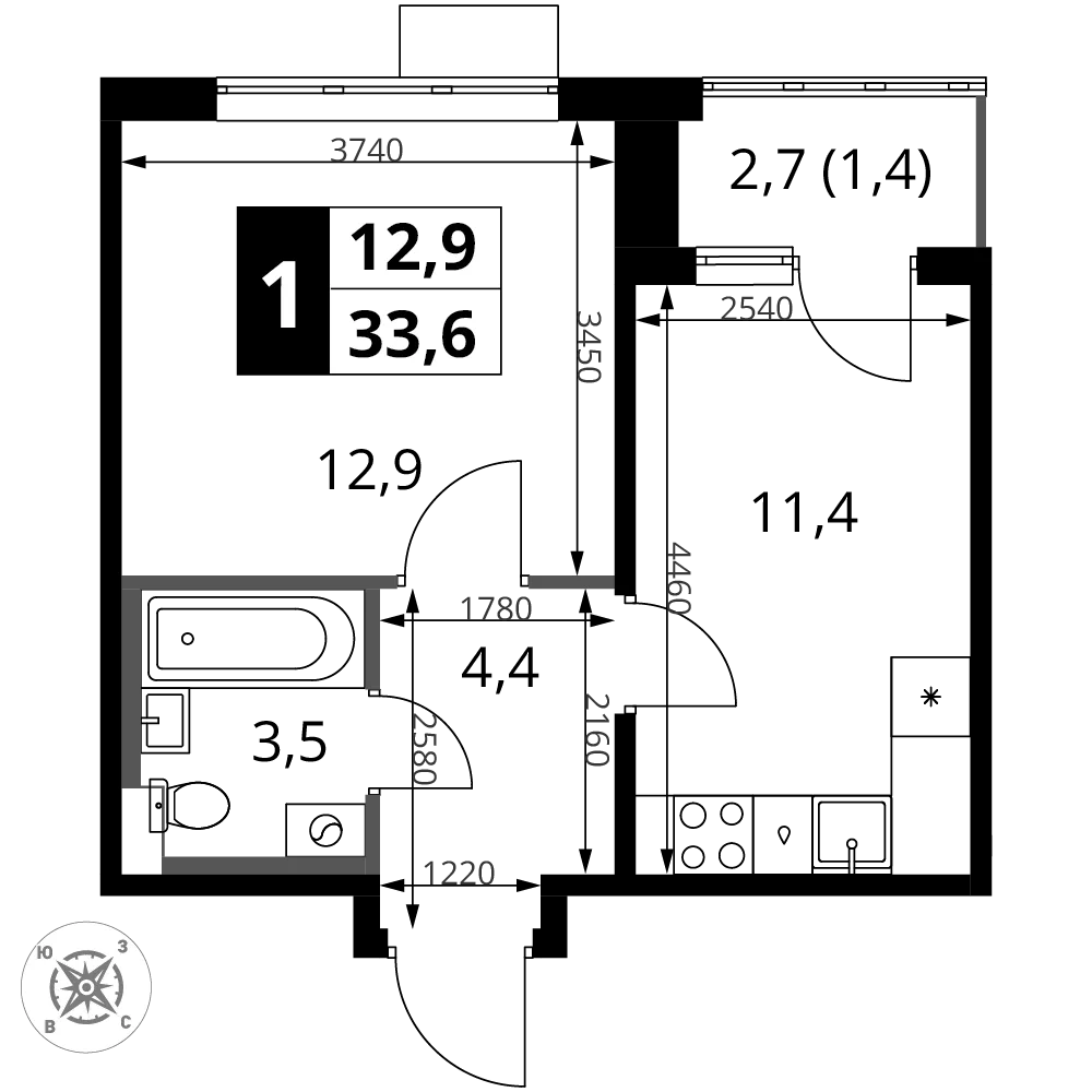 Планировка 1-комн. квартира, 33.6 м² ЖК «1-й Шереметьевский»