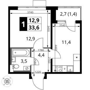 Планировка 1-комн. квартира, 33.6 м² ЖК «1-й Шереметьевский»