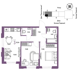 Планировка 3-комн. квартира, 52.24 м² ЖК «Микрорайон Домашний»