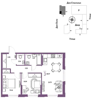 Планировка 3-комн. квартира, 58.07 м² ЖК «Европейский берег 2.0»