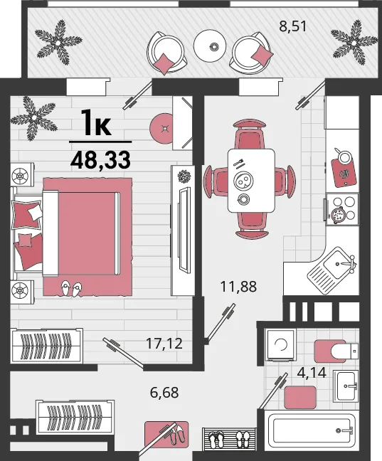 Планировка 1-комн. квартира, 48.33 м² ЖК «Родные просторы»