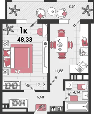 Планировка 1-комн. квартира, 48.33 м² ЖК «Родные просторы»