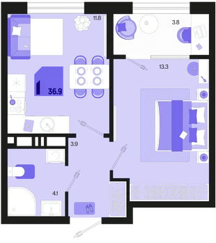 Планировка 1-комн. квартира, 36.9 м² ЖК «Первое место»